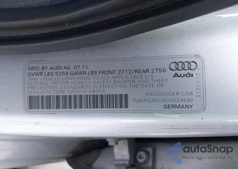 2012 Audi A6 3.0 Premium z USA, uszkodzony, nr VIN WAUFGAFC3CN033690